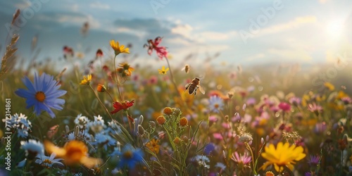 Bee Amidst Wildflowers at Sunset