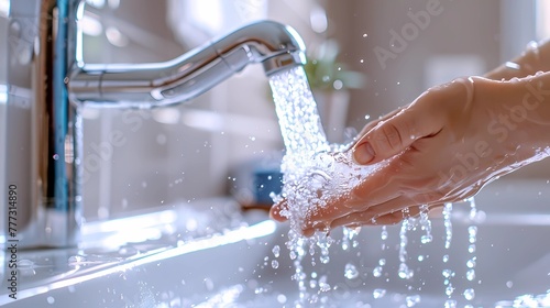 Woman washing hands with soap under running water in the kitchen sink, Generative AI illustrations.