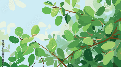 Branch with green leaves. Floral background 2d flat
