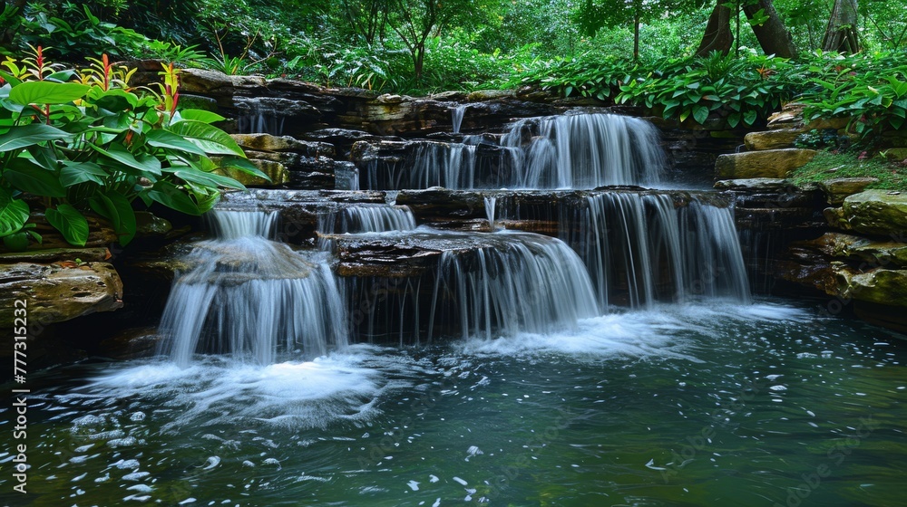 Waterfalls: Photograph cascading waterfalls in lush green surroundings. 