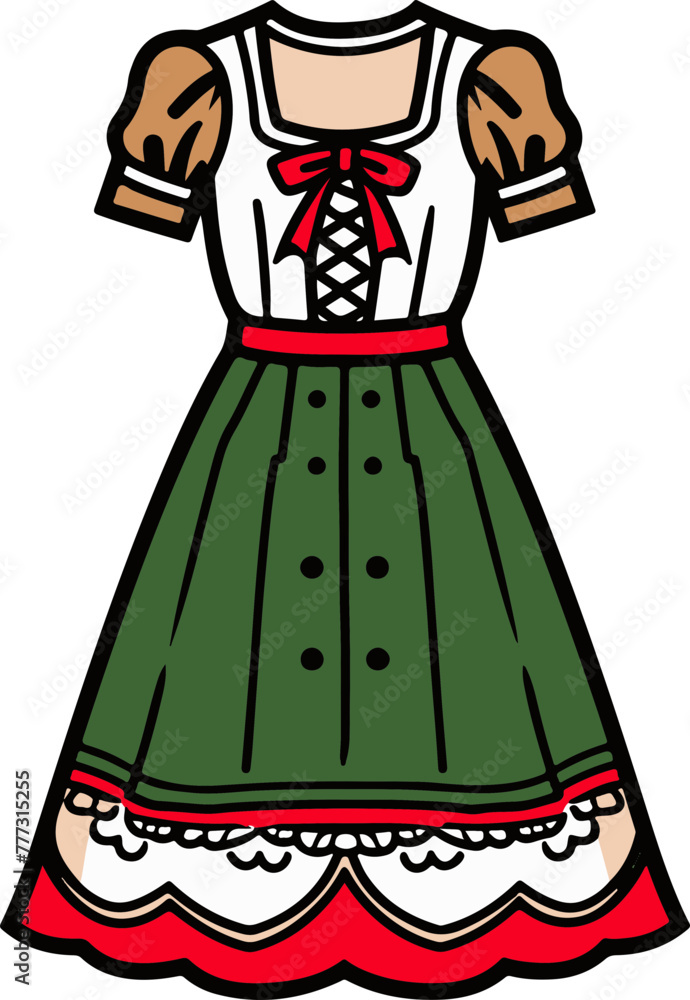 An intricately illustrated traditional Dirndl dress, a symbol of German culture, suitable for cultural festivals and educational materials.