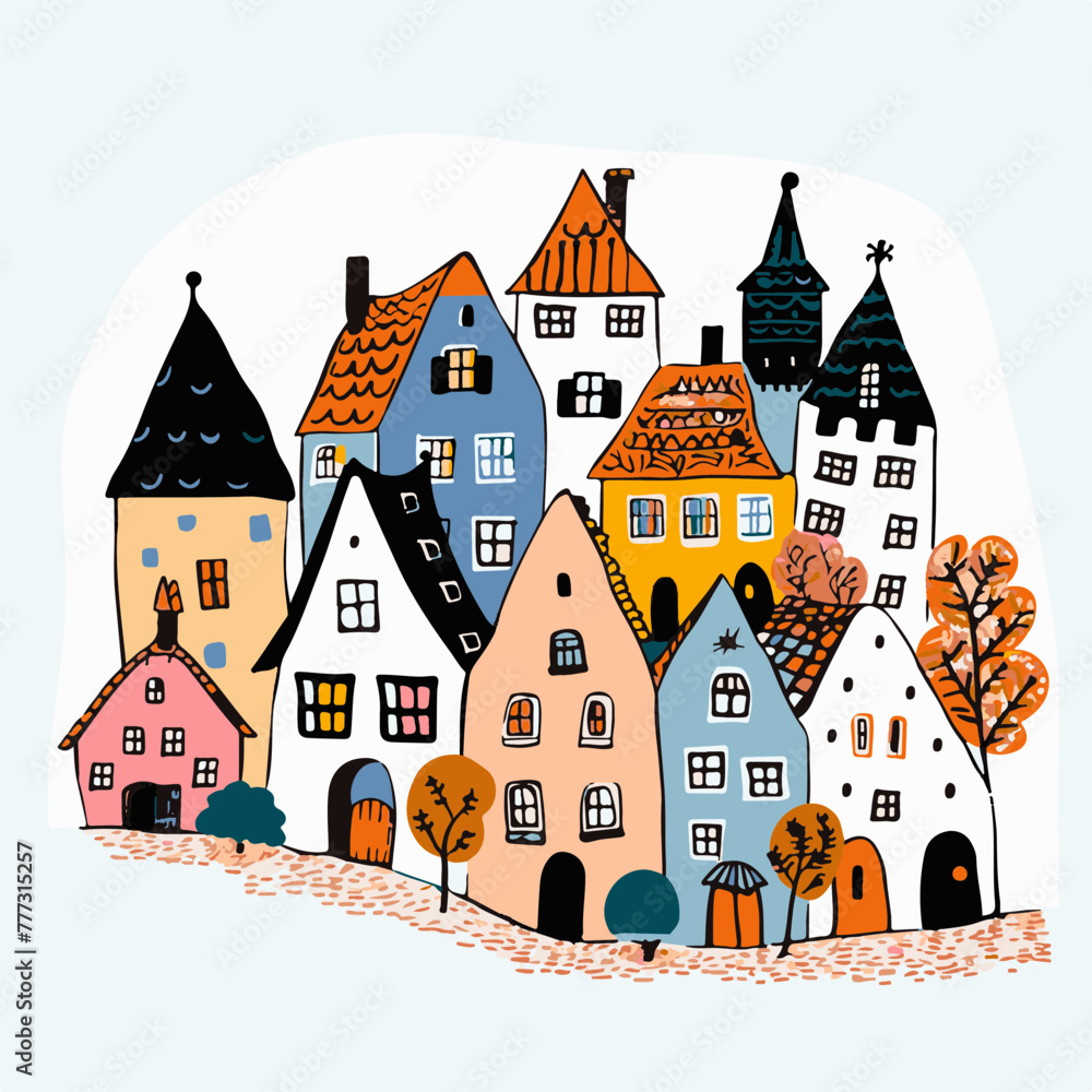 This playful, colorful illustration of whimsical townhouses is perfect for children's stories and urban themes.
