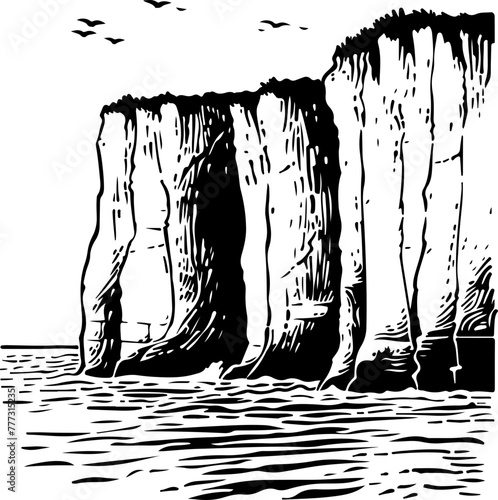 This stark black and white ink drawing of towering cliffs offers a dramatic background for storytelling and adventure themes.