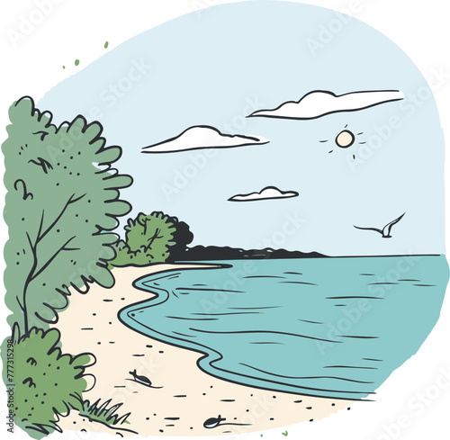 This charming illustration captures the peacefulness of a lakeside with a bench and drifting boat, perfect for relaxation and travel themes.