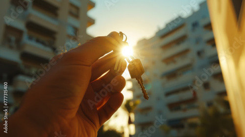 Hand Holding House Keys at Sunset with Blurred Apartment Background photo