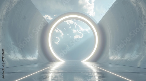 a futuristic white arena background with a large ring of light, in the style of light sky-blue and light bronze, transparent/translucent medium, large-scale minimalist, light gray and light bronze © 성우 양