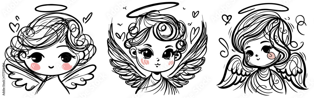 Obraz premium angel child, cute divinevector sketch illustration, black silhouette hand drawn svg laser cutting cnc