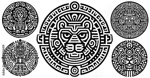 stamp emblem with Aztec and Inca motifs, ancient civilization, vector illustration, black silhouette svg, laser cutting cnc engraving photo