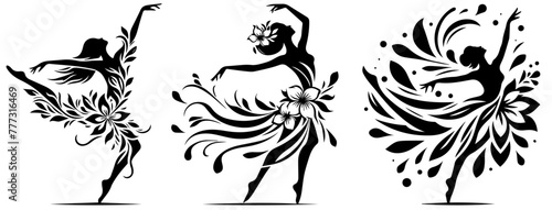 dancer adorned with flowers and leaves in a dance of joy, decorative silhouette black vector illustration for laser cutting cnc and engraving