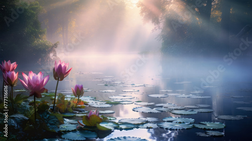 waterlily pond at morning on background photo