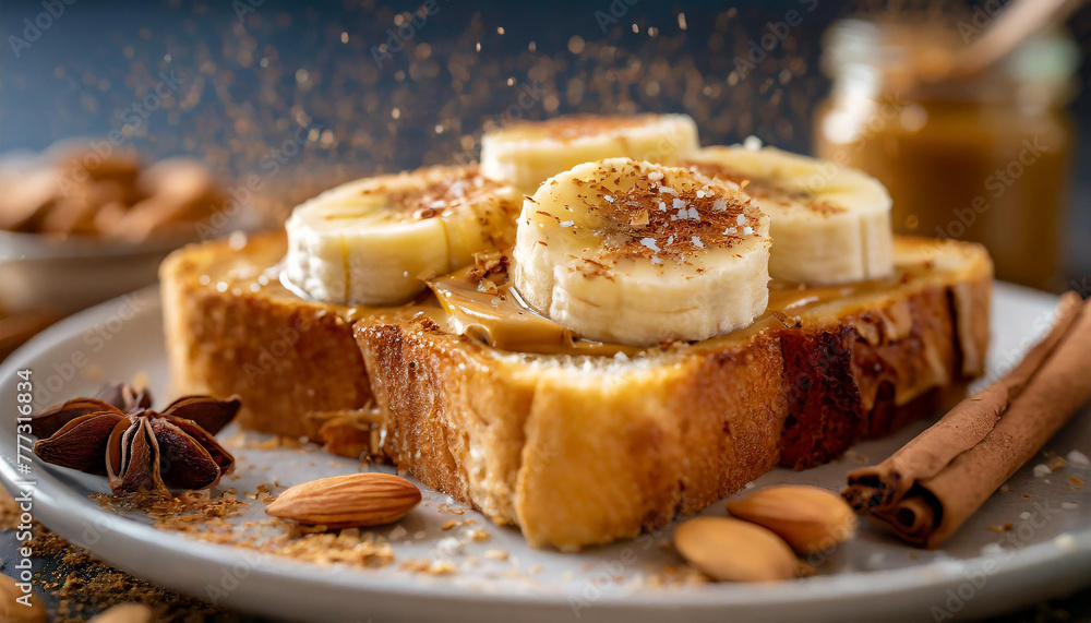 Toasted bread with almond butter spread, banana slices, sprinkle of cinnamon. Tasty breakfast.