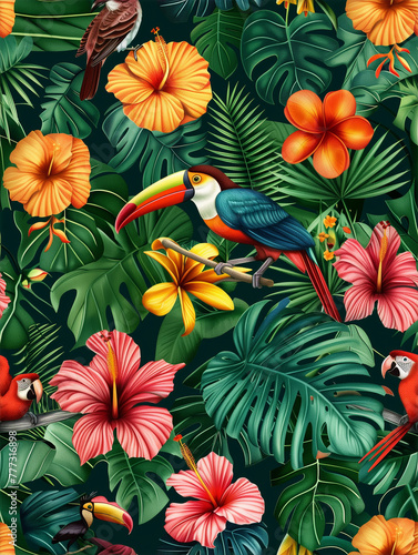 Lush tropical pattern with toucans and exotic flowers on a green background