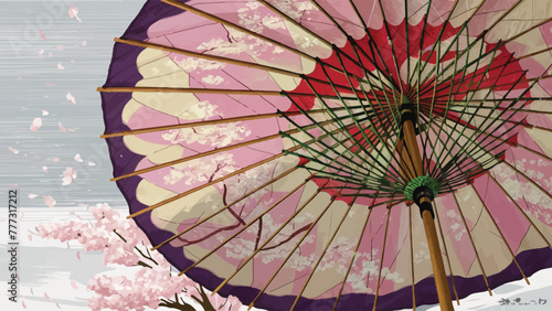 Top-Down View of Elegant Japanese Parasol Sakura Tree Pattern Adorning Red Canopy, Bamboo Ribs Wrapped in Paper