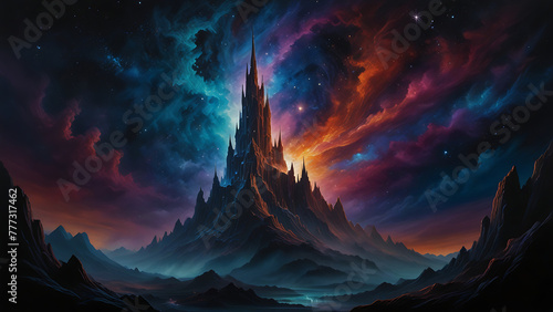 A swirling, abyssal void punctuated by clusters of shimmering stars, a towering structure of crystalline spires emerges from the darkness, refracting the faint light in mesmerizing patterns, mountainn photo