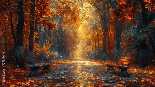 Tranquil Autumn Scene: Capturing the Beauty of an Empty Pathway in a Park, Embracing the Serenity of Fall Landscape