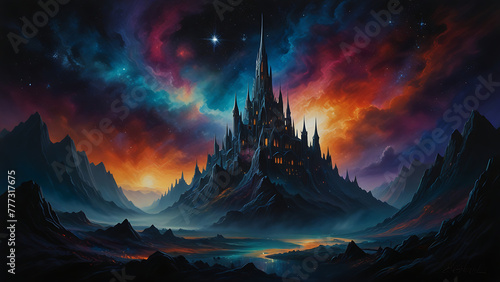 A swirling, abyssal void punctuated by clusters of shimmering stars, a towering structure of crystalline spires emerges from the darkness, refracting the faint light in mesmerizing patterns, tower