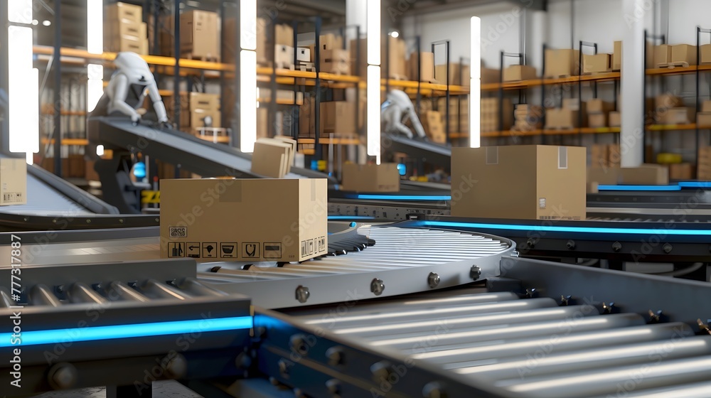 High Tech Logistics Center AIPowered Robots Prepare Online Shopping Orders for Shipping via Automated Conveyor Belt