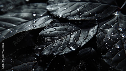 Rain droplets on textured dark leaves close-up. Water beads accentuating the veins of lush dark foliage.