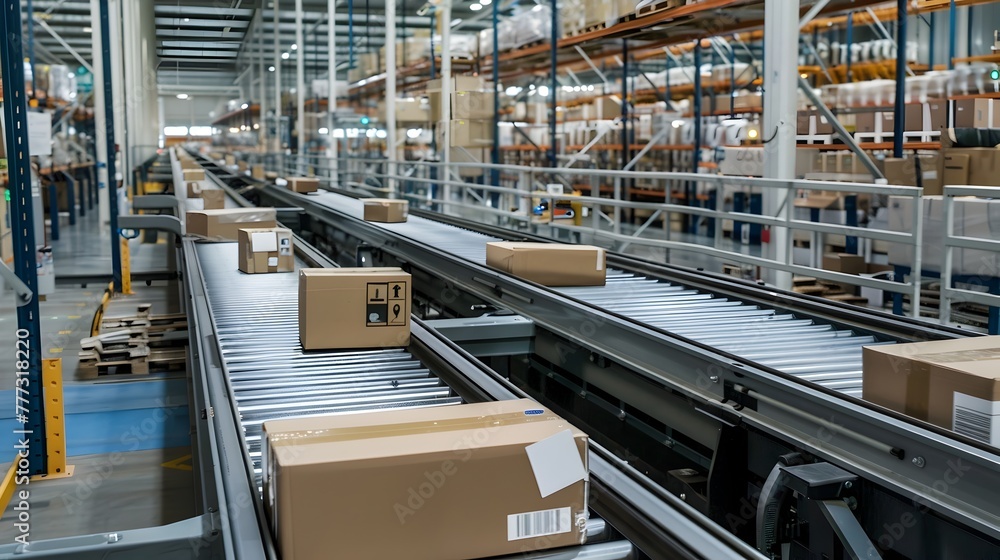 High Tech Logistics Center Performance Automated Conveyor Belt Sorting System for Online Shopping Orders Generative ai