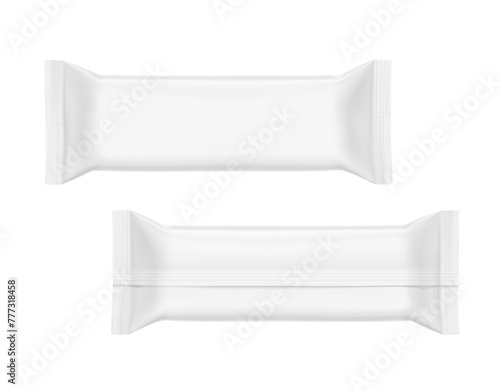 Realistic flow packaging mockups for bars, candies, waffles. Front and rear side. Vector illustration on white background. Easy to use for presentation your product, idea, design. EPS10.