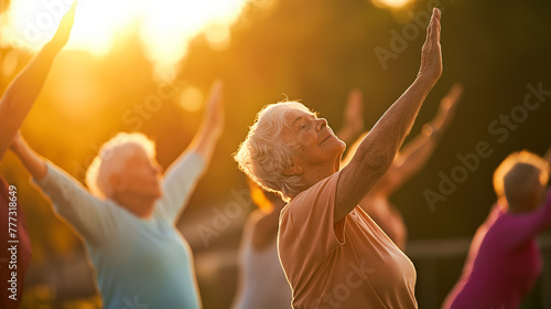 Active older adults participating in an outdoor yoga session at sunrise surrounded by nature's serenity.