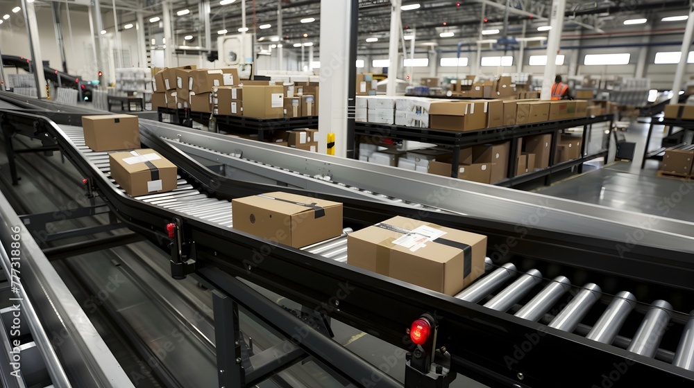 High Tech Logistics Center Automated Conveyor Belt Prepares Retail Parcels for Shipping generative ai