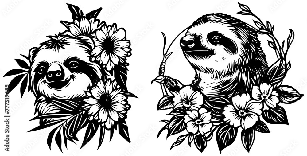 Fototapeta premium sloth adorned with flowers, vector silhouette print illustration