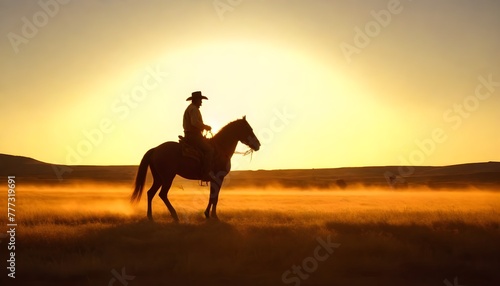 Western landscape with silhouette of a lonely cowboy riding a horse in beautiful midwest scenery