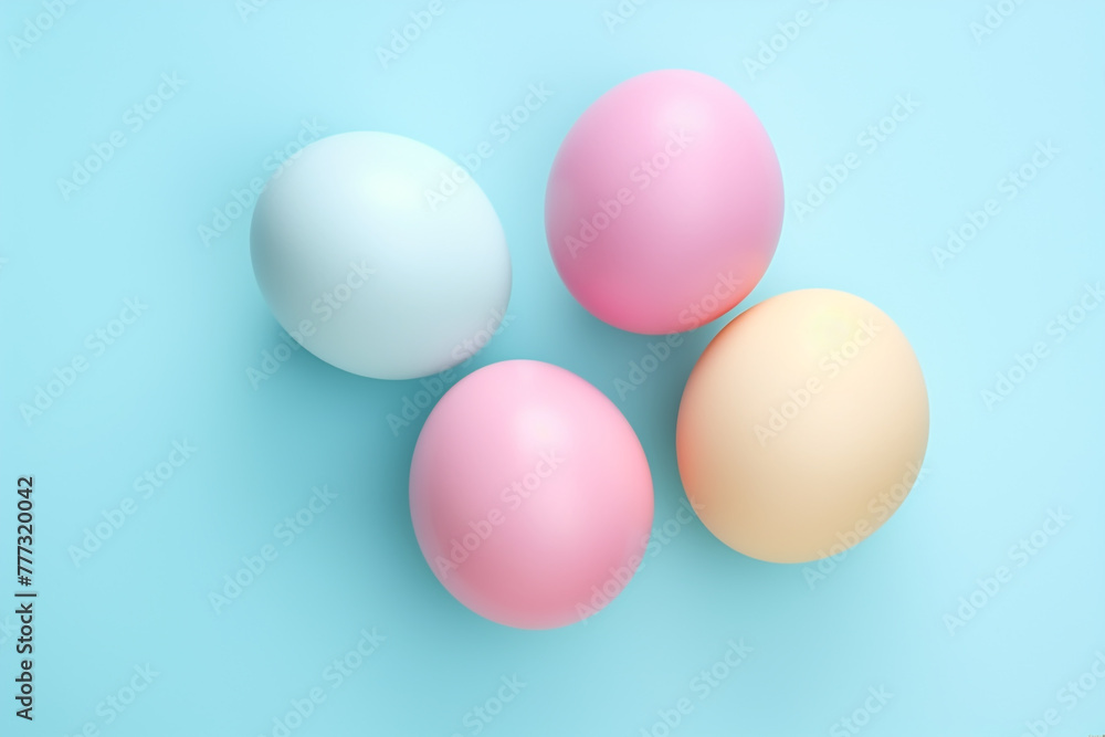 pastel color easter eggs on a light blue color background. April easter celebration. AI generated. pastel color easter eggs on a light blue color background. April easter celebration. AI generated.
