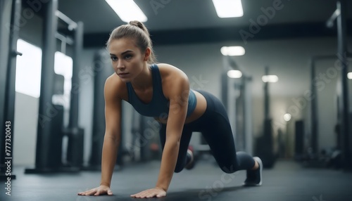 Young slim beautiful athletic woman stretches in the gym against the background of sports equipment 