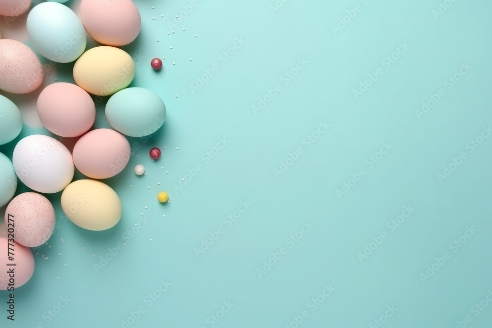 pastel color easter eggs on a light blue color background with a place to text. April easter celebration. AI generated. 