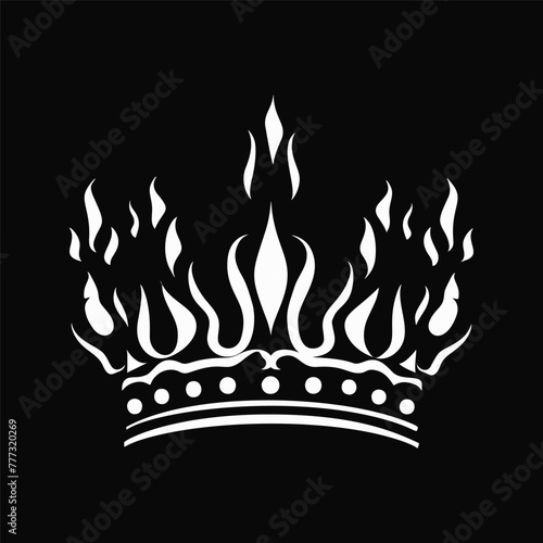 Black and white illustration of a crown with flames