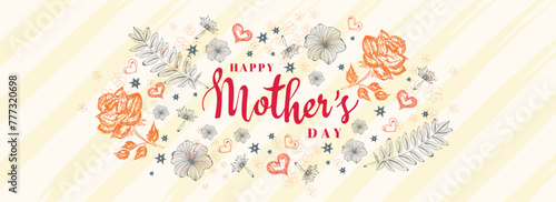 Beautiful rose flowers and leaves decorated on stripe background with stylish lettering of Mother's Day. Header or banner design.