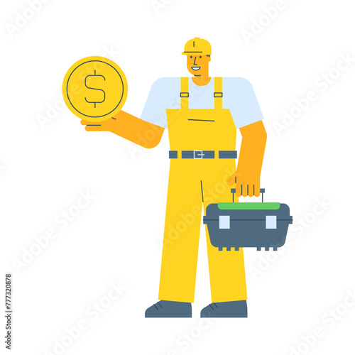 Builder holding coin with dollar sign and holding suitcase