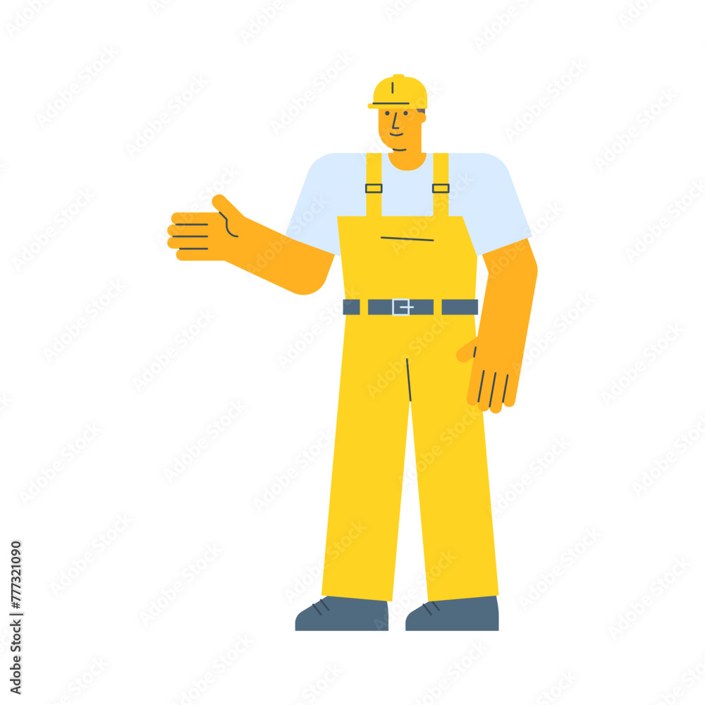 Builder points hand and smiling Builder points hand and smiling