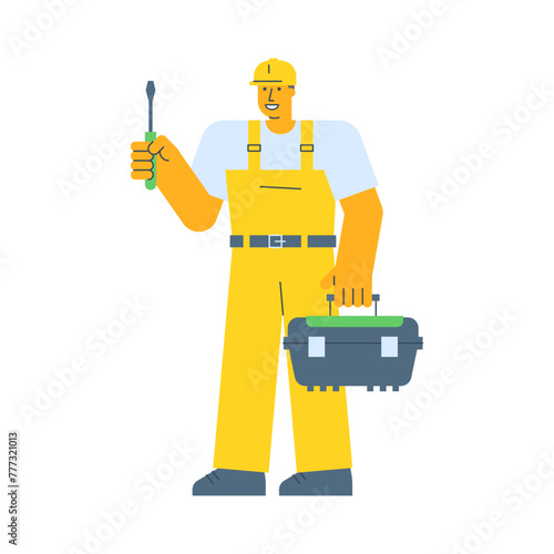 Builder holding screwdriver and holding suitcase