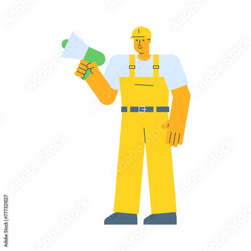 Builder holding megaphone and smiling