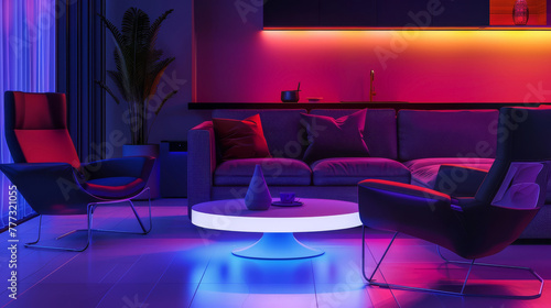 Sleek, modern furniture in a dark room illuminated by colorful ambient lighting