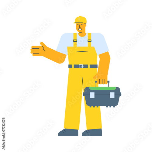Builder points hand and holding suitcase