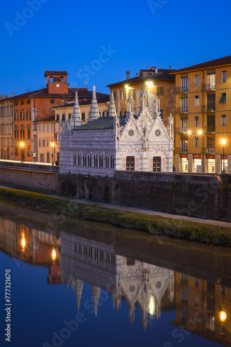 Cityscape of Pisa  with the river Arno and the Church Santa Maria della Spina - Italy