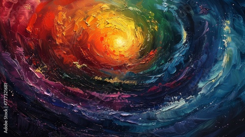 Abstract oil paint landscape resembling a mesmerizing whirlwind of colors and patterns.