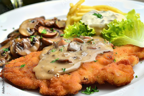 Schnitzel with mushroom sauce, food, restaurant advertising with empty copy space