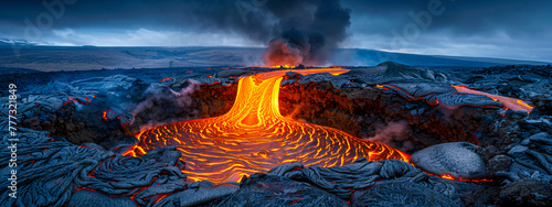 Volcanic eruption by night, glowing lava and smoke, adventure and natures spectacle photo
