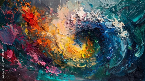 Dynamic and abstract oil paint composition swirling with vibrant colors and textures.
