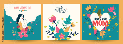 Set of Happy Mother s Day celebration greeting card design decorated with flowers in flat style.