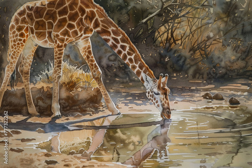 A giraffe is depicted in watercolor painting  leaning down to drink water from a pond