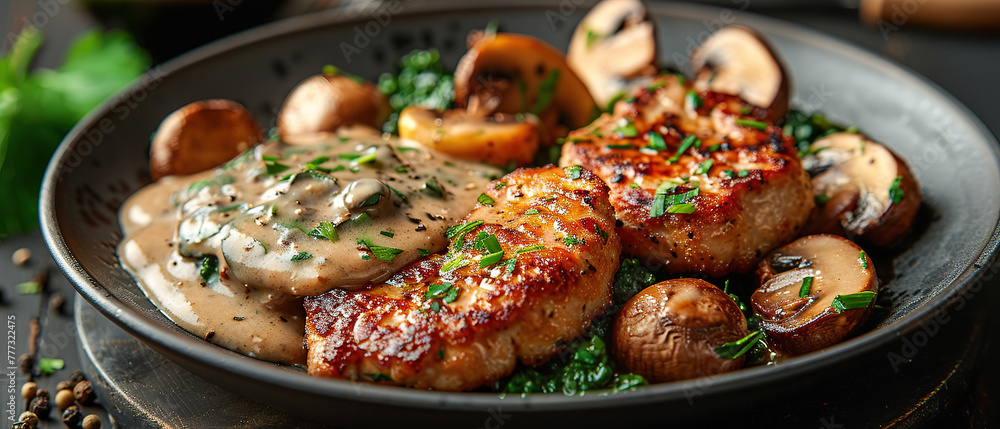 Schnitzel with mushroom sauce, food, restaurant advertising with empty copy space Schnitzel with mushroom sauce, food, restaurant advertising with empty copy space