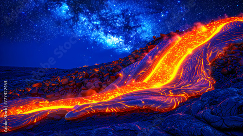 Volcanic Lava Flow at Night, Power of Nature, Heat and Danger in Dark Landscape