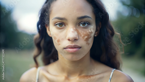 Mujer hermosa con vitíligo en la piel. Chica africana con presencia de manchas blancas en la piel debido a la falta de pigmentación. Mujer bonita con piel dañada.