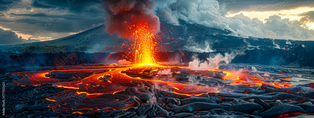 Volcanic eruption with red lava, natures power, smoke and fire, danger and beauty